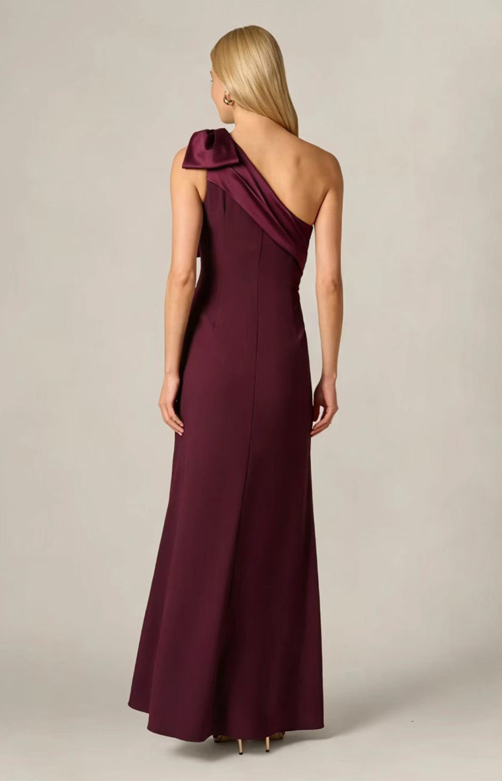 Plum One‑Shoulder Bow Satin Mermaid Long Gown Back View