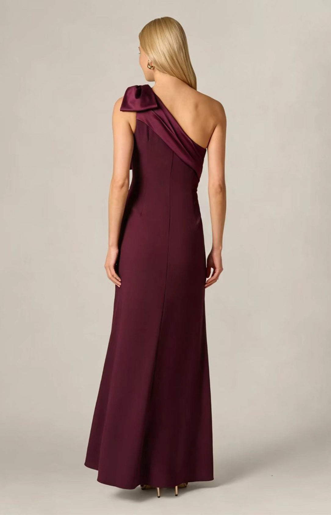 Plum One‑Shoulder Bow Satin Mermaid Long Gown Back View