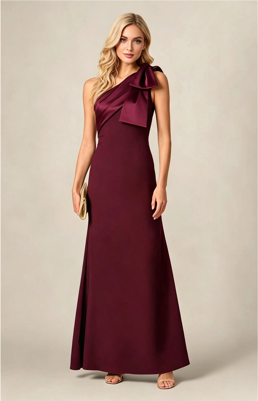 Plum One‑Shoulder Bow Satin Mermaid Long Gown Front View