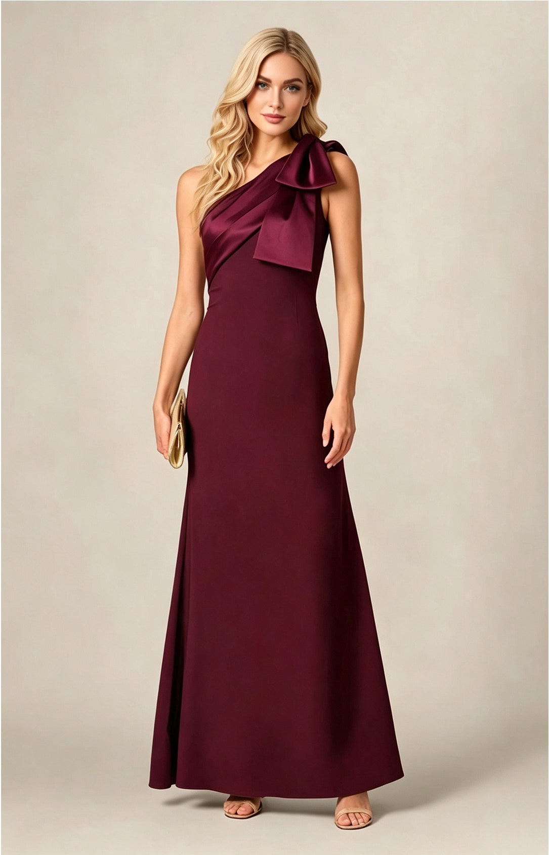 Plum One‑Shoulder Bow Satin Mermaid Long Gown Front View