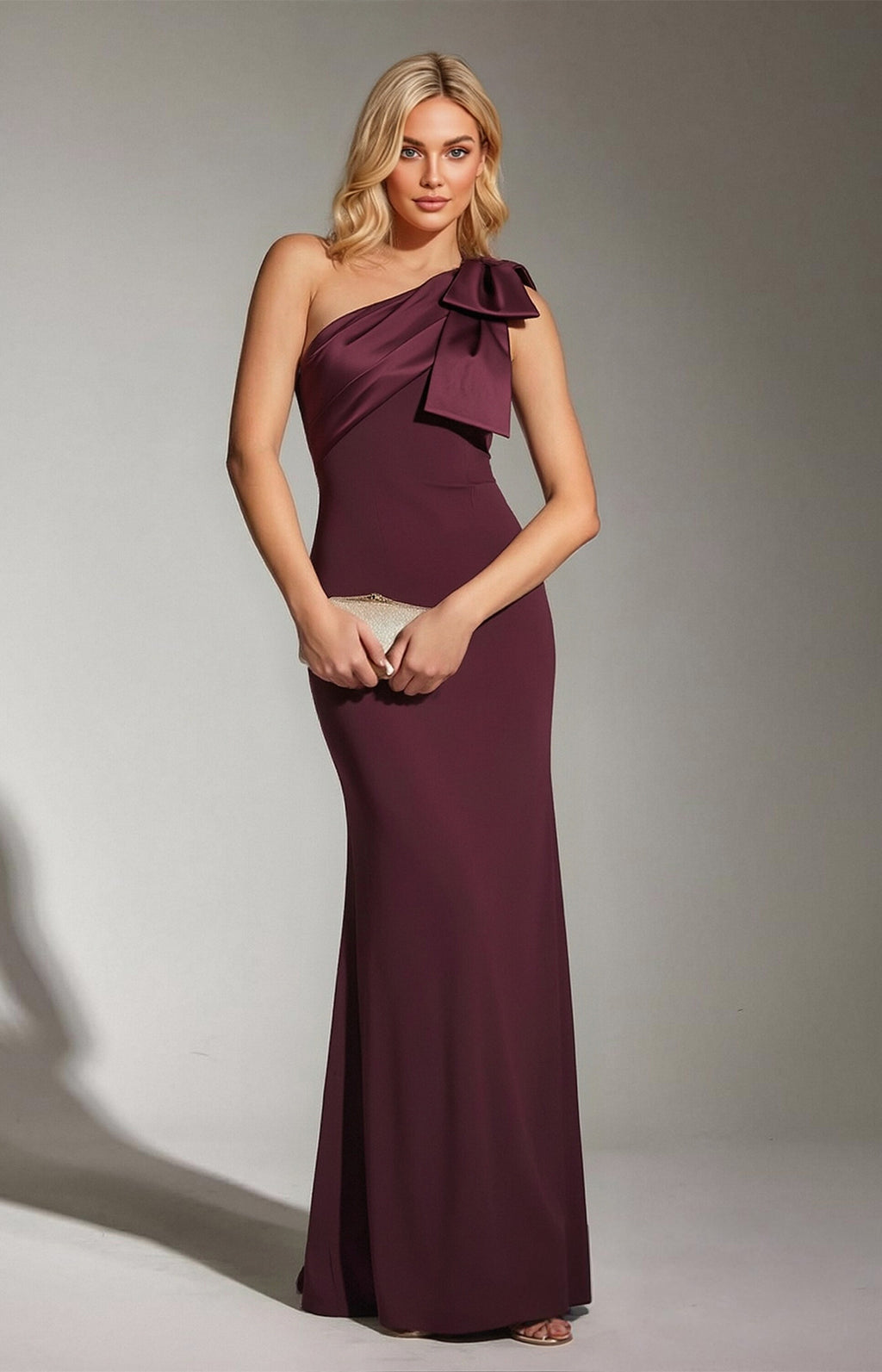 Plum One‑Shoulder Bow Satin Mermaid Long Gown Show View