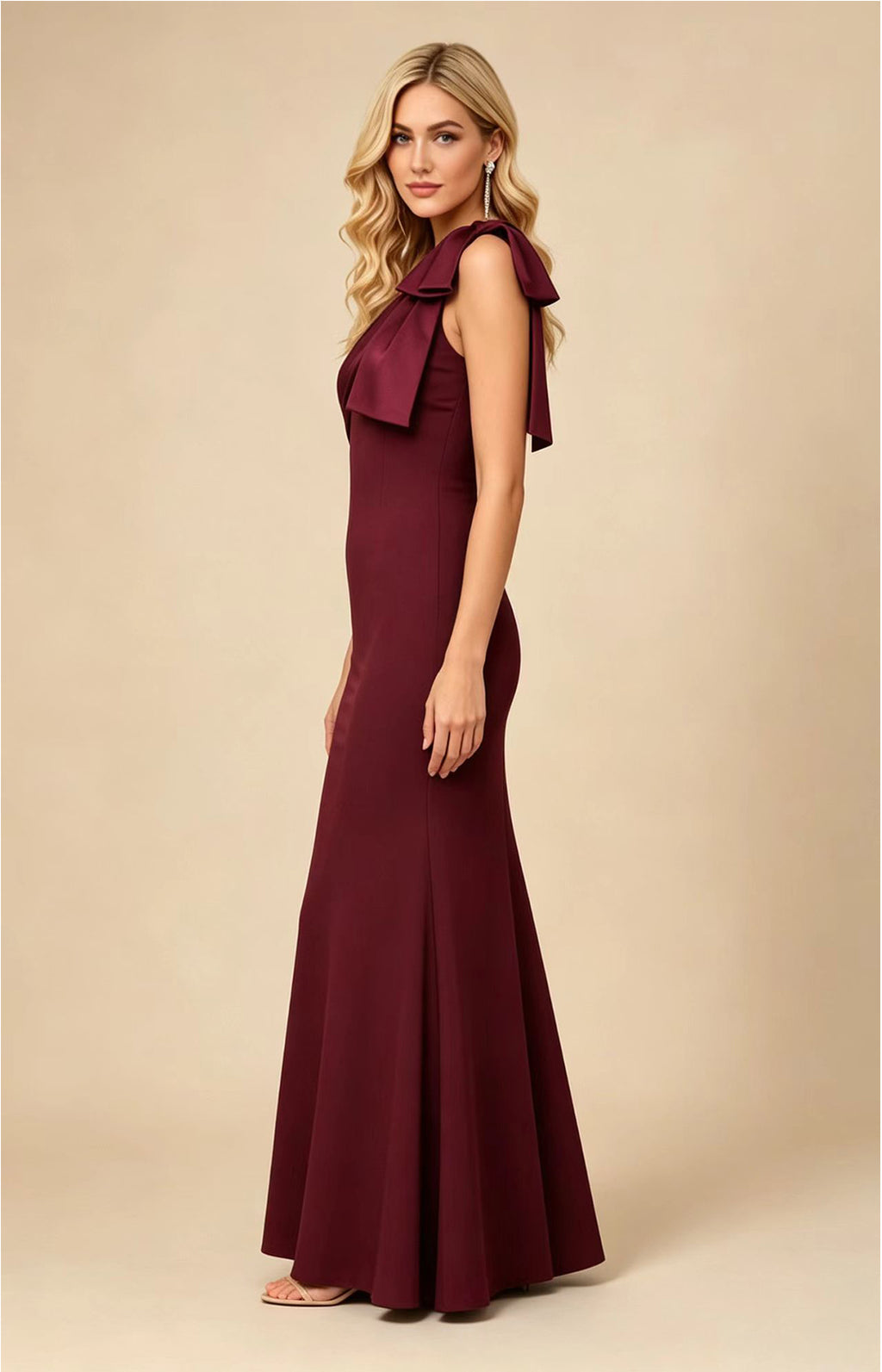 Plum One‑Shoulder Bow Satin Mermaid Long Gown Side View