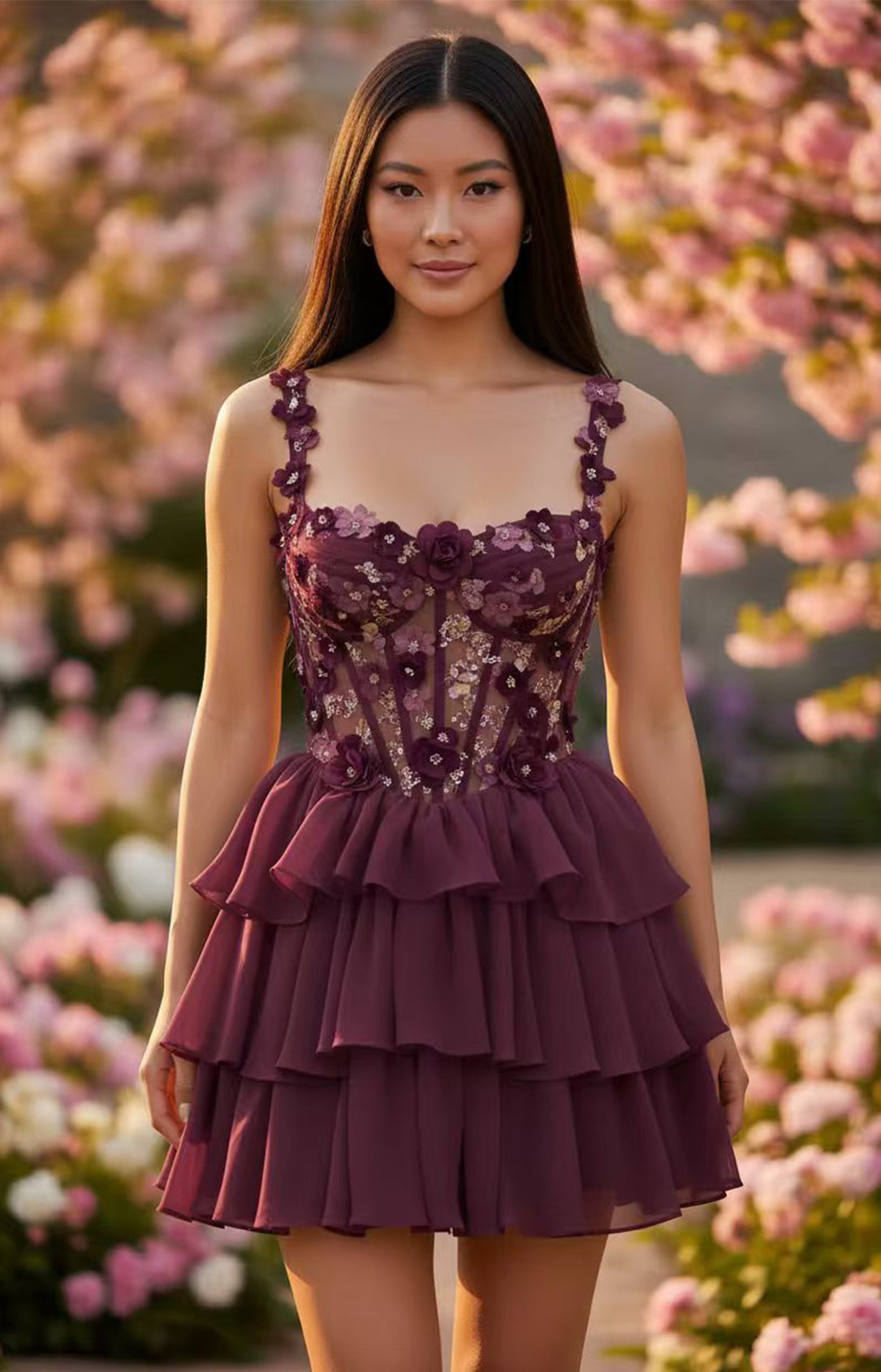Plum Purple 3D floral applique corset tiered ruffle mini homecoming dress