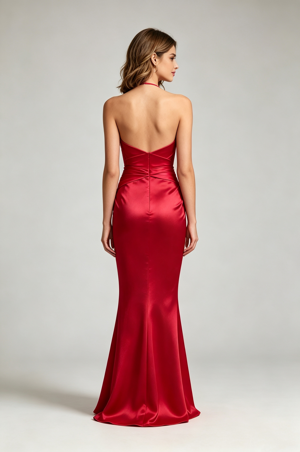 Red Halter Cutout Satin Mermaid Evening Gown Back View