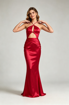 Red Halter Cutout Satin Mermaid Evening Gown Show View