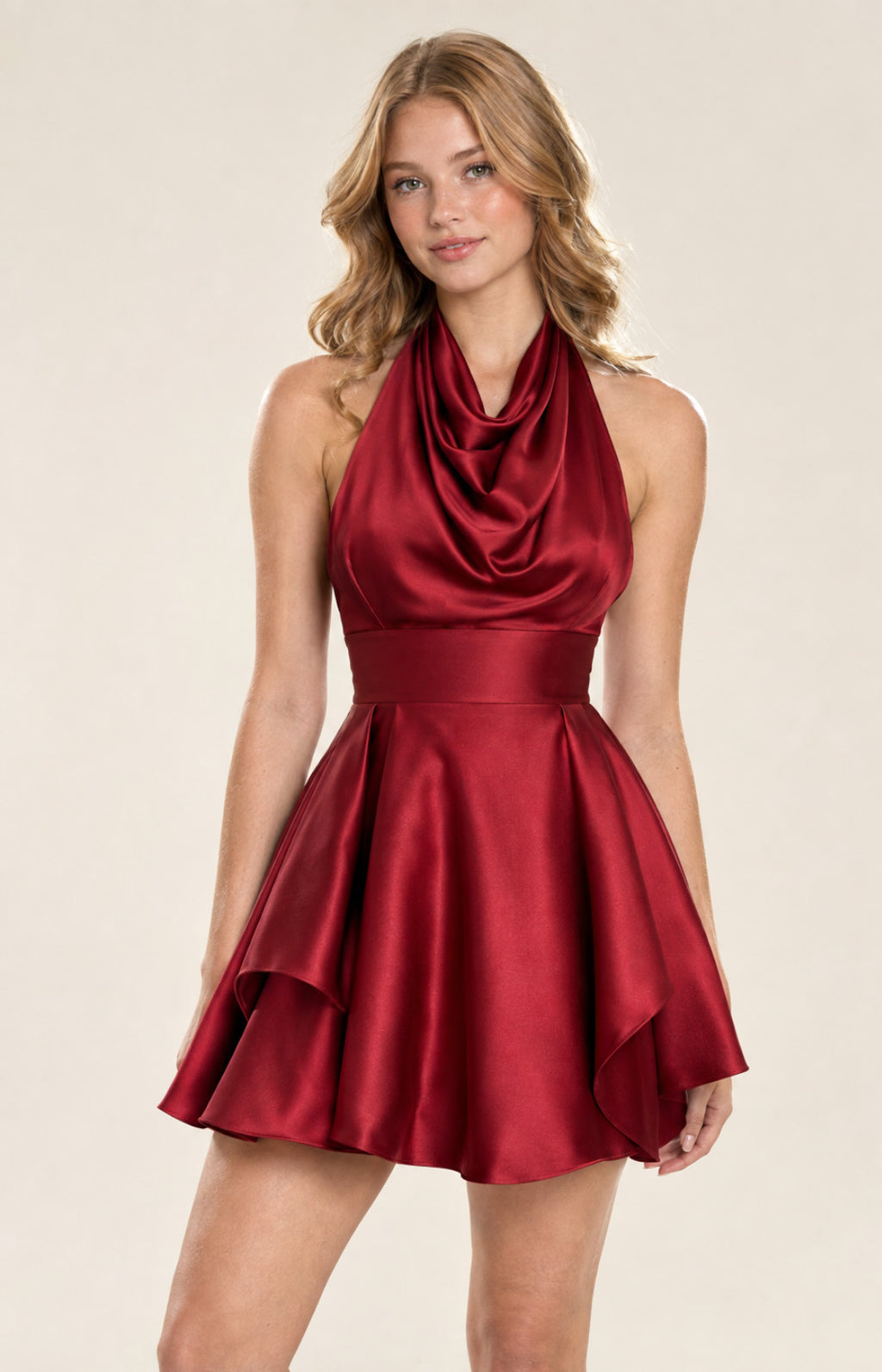 Red satin halter cowl neck tiered flounce A-line homecoming mini dress, front view