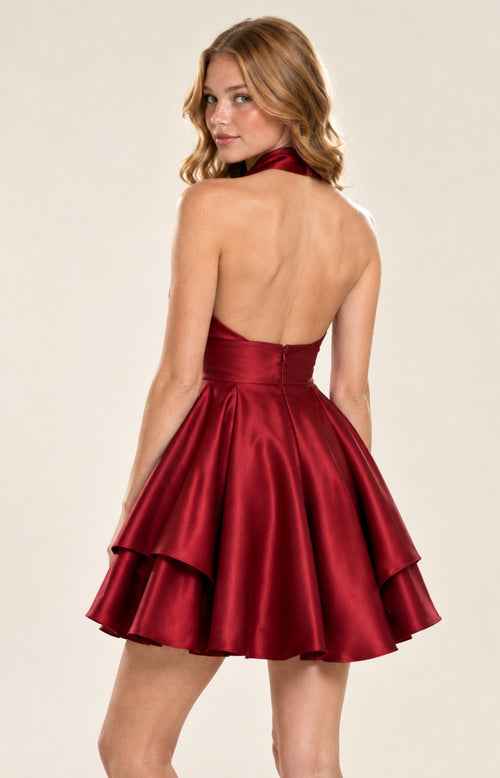 Red satin open back halter A-line homecoming mini dress with back zipper and tiered skirt, back view