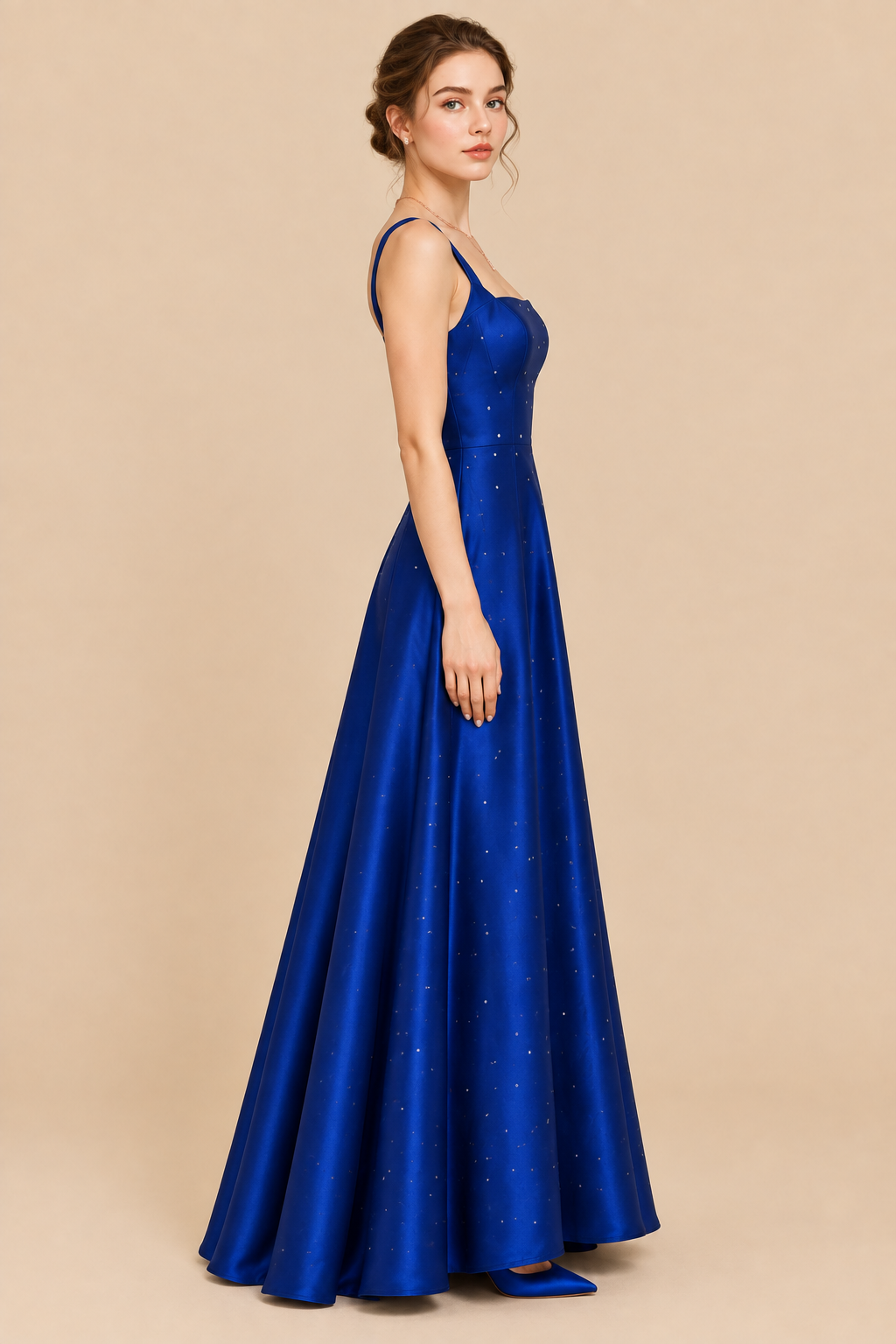 Royal blue satin A-line long prom dress with sweep hem, side view