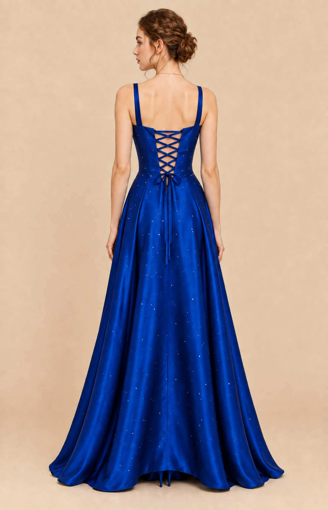 Royal blue satin lace-up corset back A-line prom dress, back view