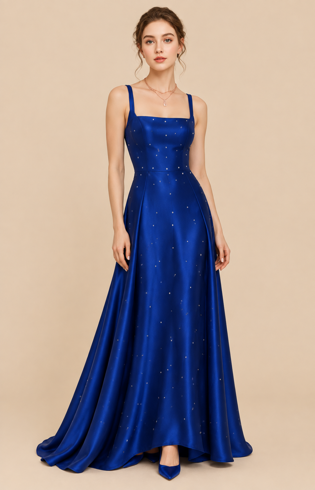 Royal blue satin square neck A-line prom dress, front view