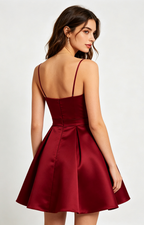 Square Neck Burgundy Satin Short Homecoming Skater Dress