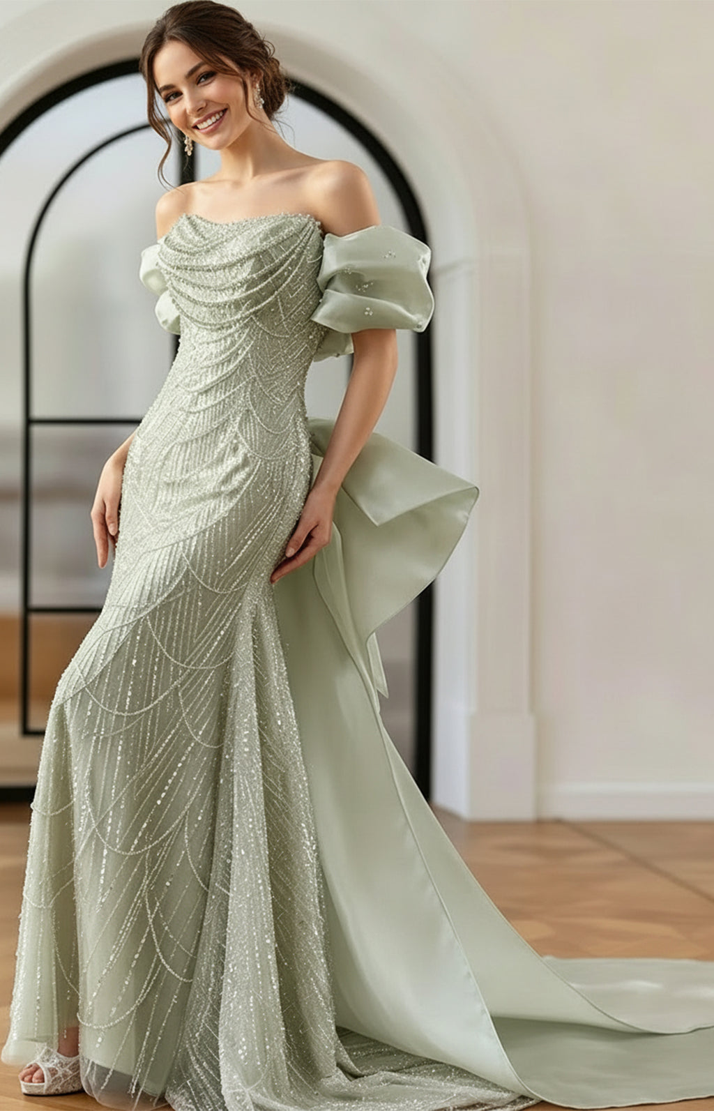 Sage green off-the-shoulder mermaid formal dress for wedding guests and prom