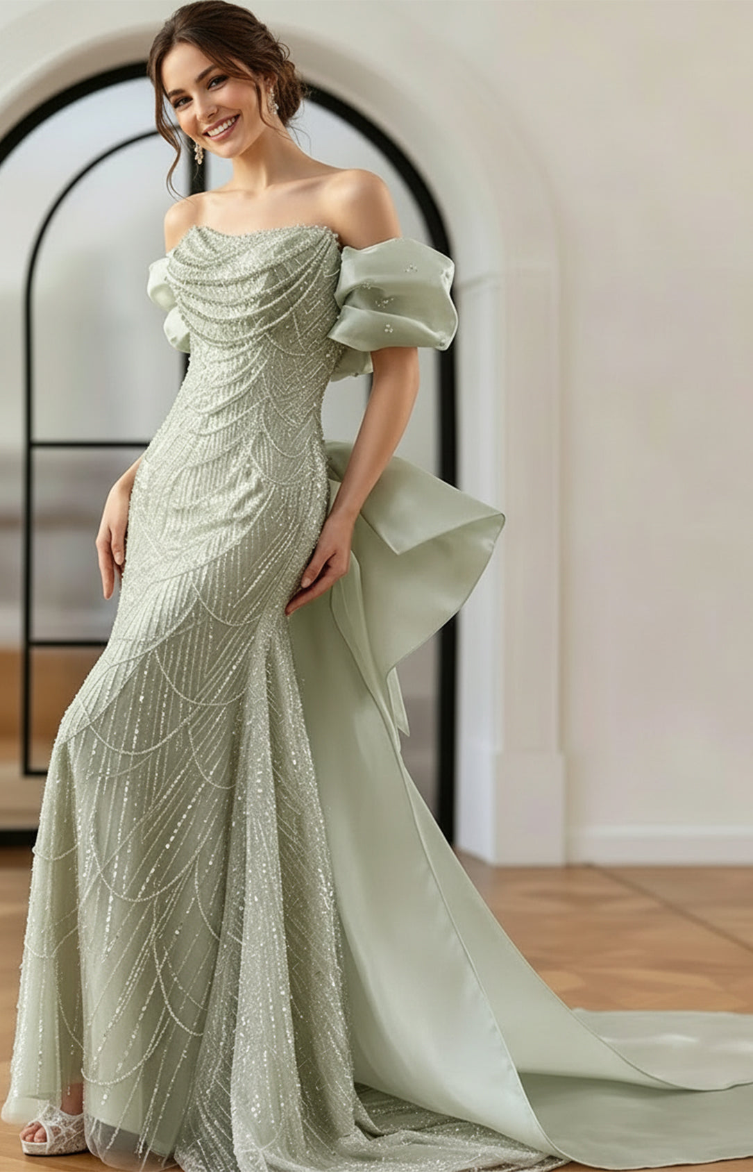 Sage green off-the-shoulder mermaid formal dress for wedding guests and prom