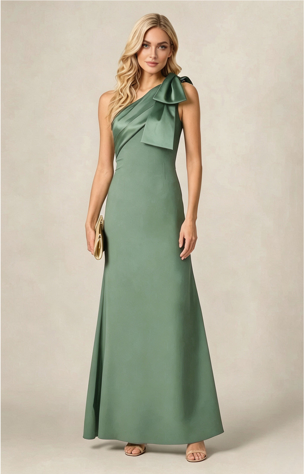 Sage Green One‑Shoulder Bow Satin Mermaid Long Gown Front View