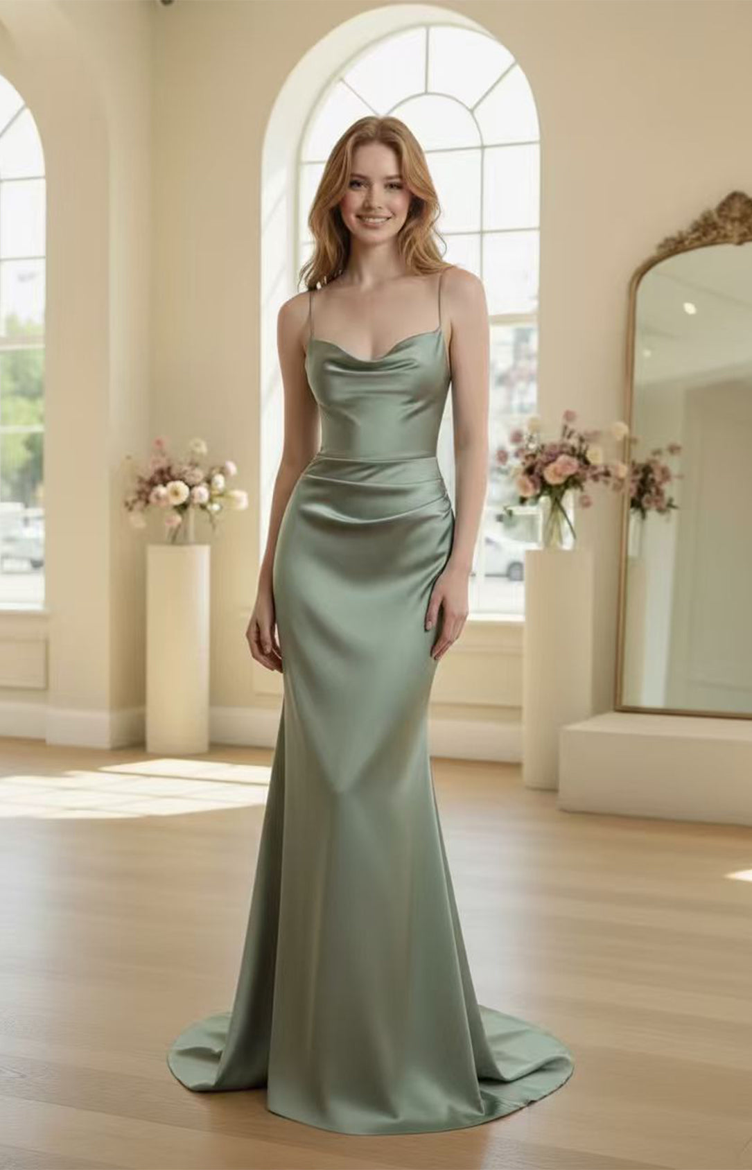 Sage Green Satin Mermaid Evening Gown Front View