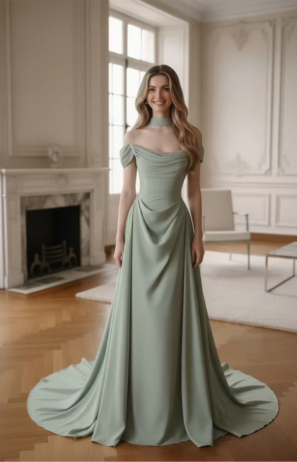 Sage Green Satin Off-The-Shoulder A-Line Wedding Dress with Corset Back and Chapel Train