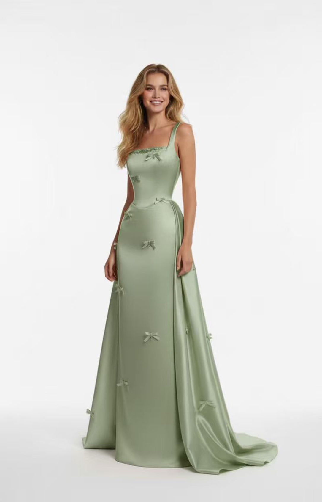 Sage Green satin square-neck long prom dress with 3D bows for plus-size women