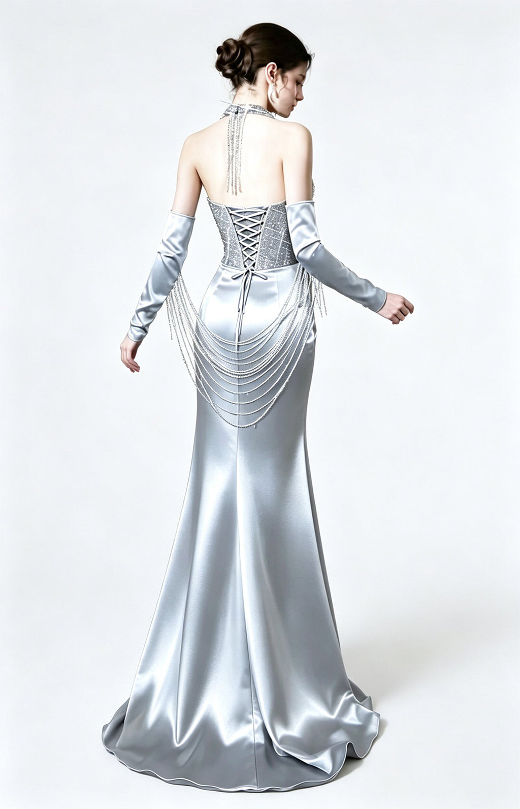 Silver Halter Mermaid Evening Gown Back View