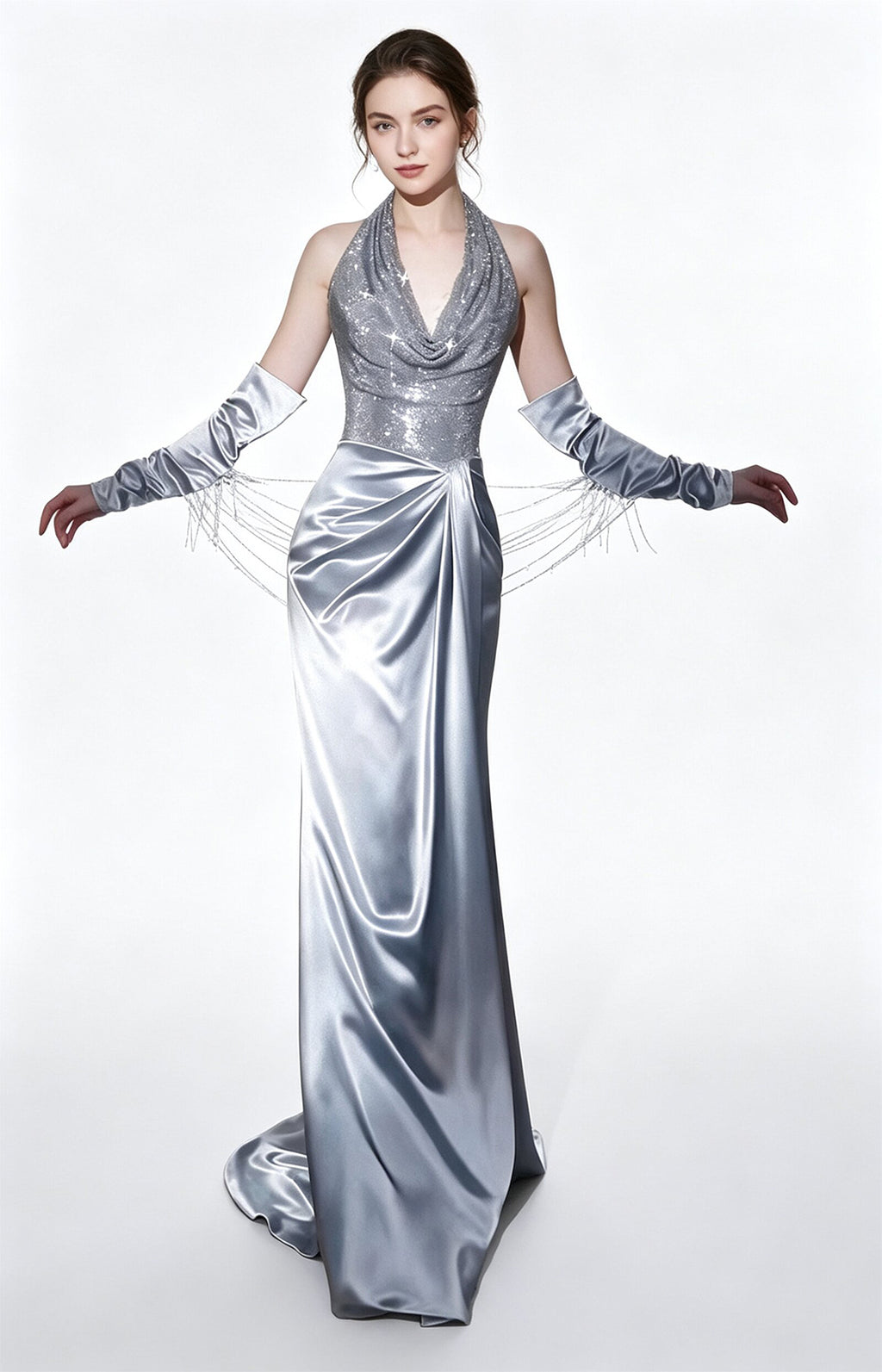 Silver Halter Mermaid Evening Gown Front View
