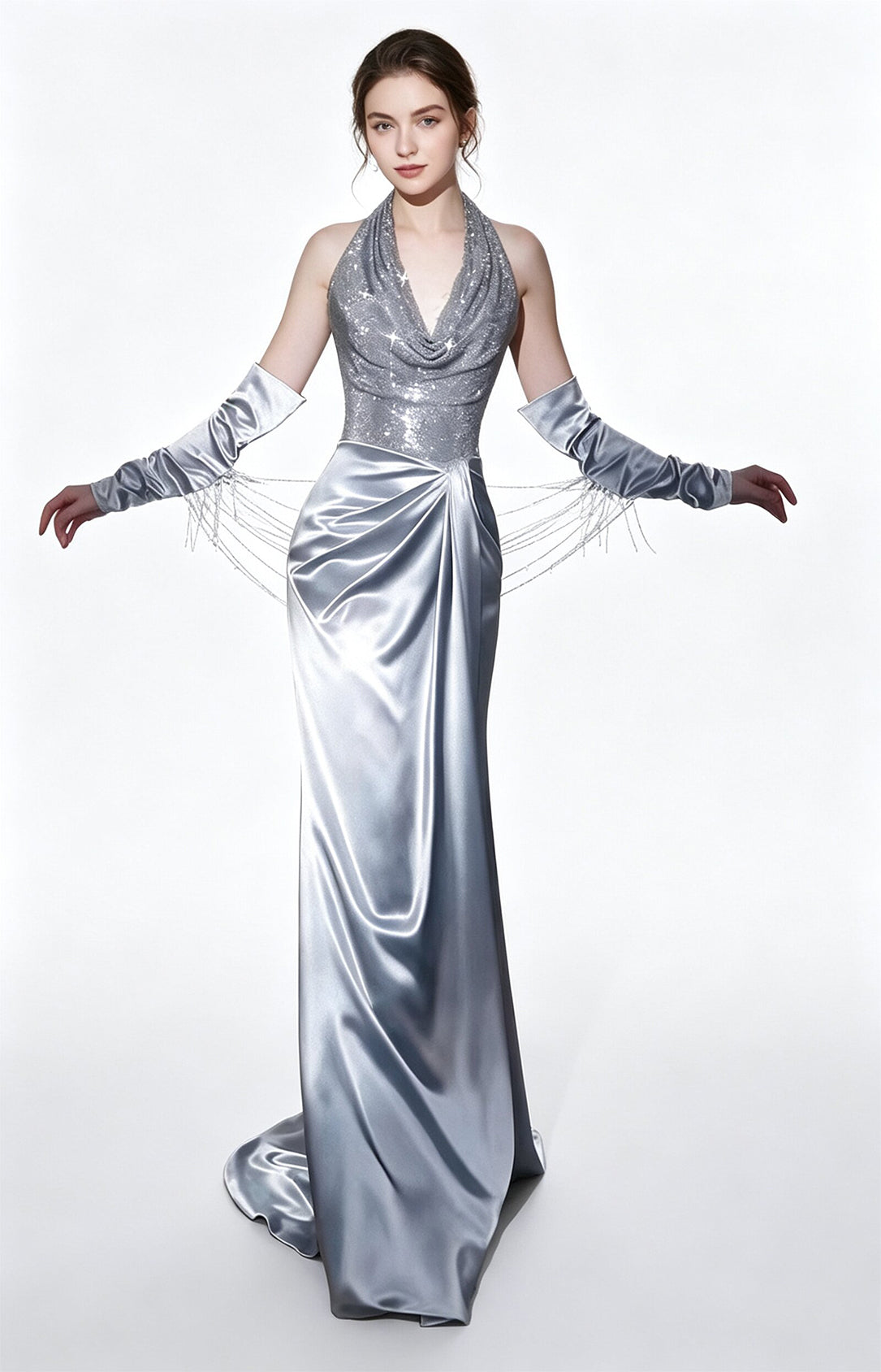Silver Halter Mermaid Evening Gown Front View