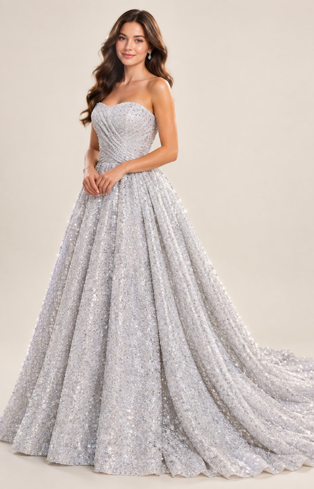 Silver glitter tulle strapless sweetheart ball gown prom dress with draped bodice and chapel train, front view