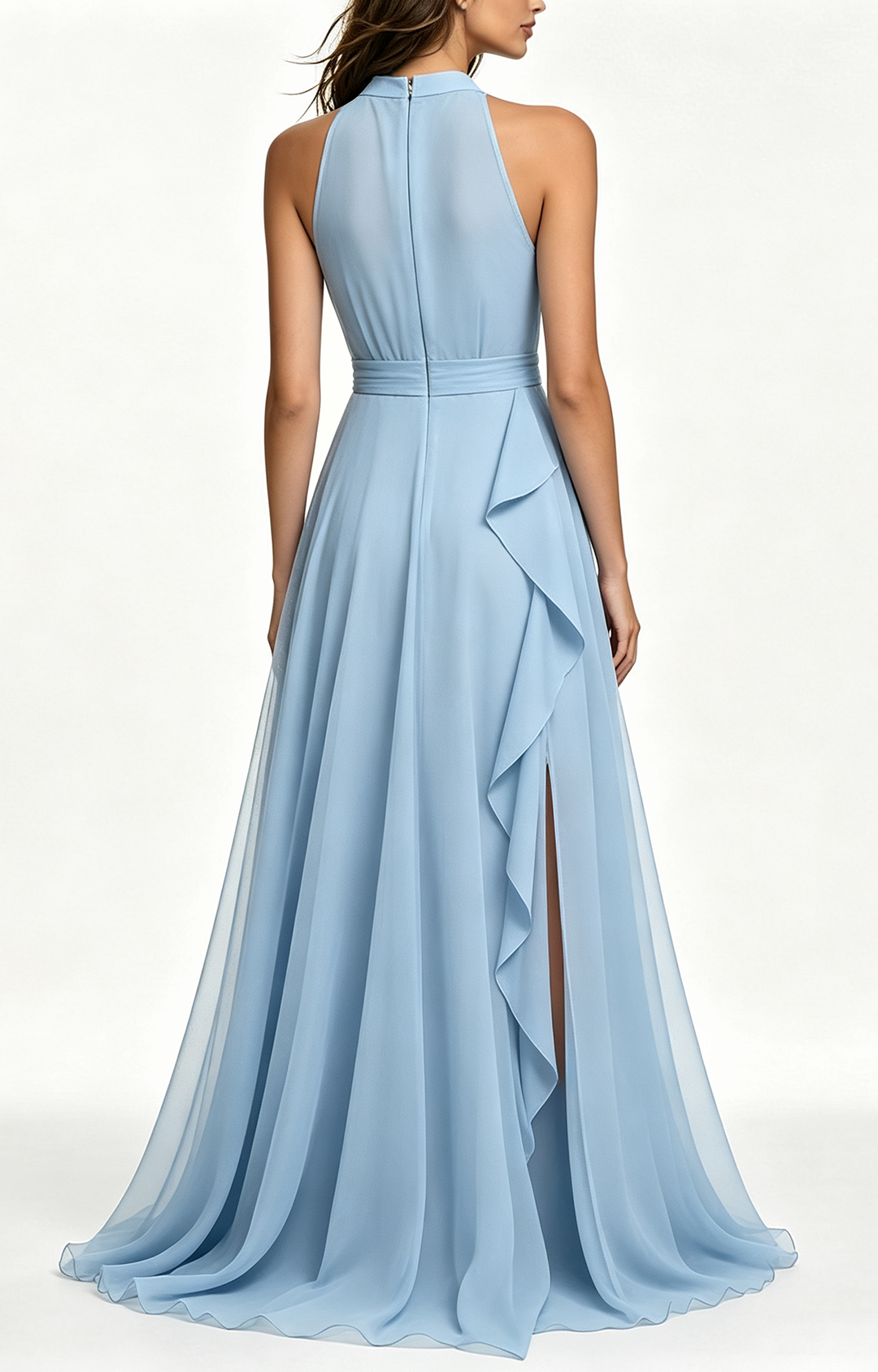 Sky Blue Halter Neck Chiffon Long Formal Dress Back View