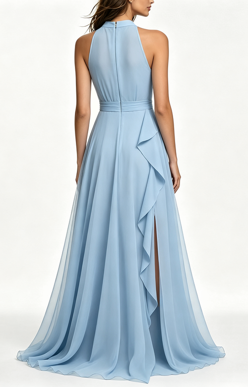 Sky Blue Halter Neck Chiffon Long Formal Dress Back View
