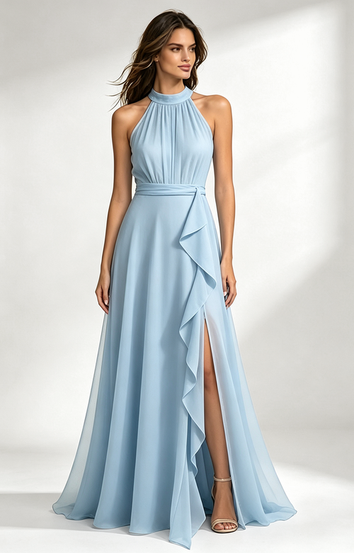 Sky Blue Halter Neck Chiffon Long Formal Dress Front View