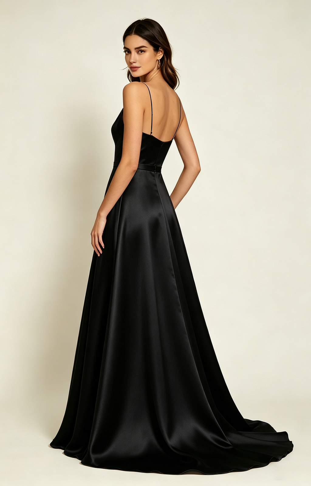 Spaghetti Spaghetti Strap V Neck Satin Bridesmaid Dress Back View