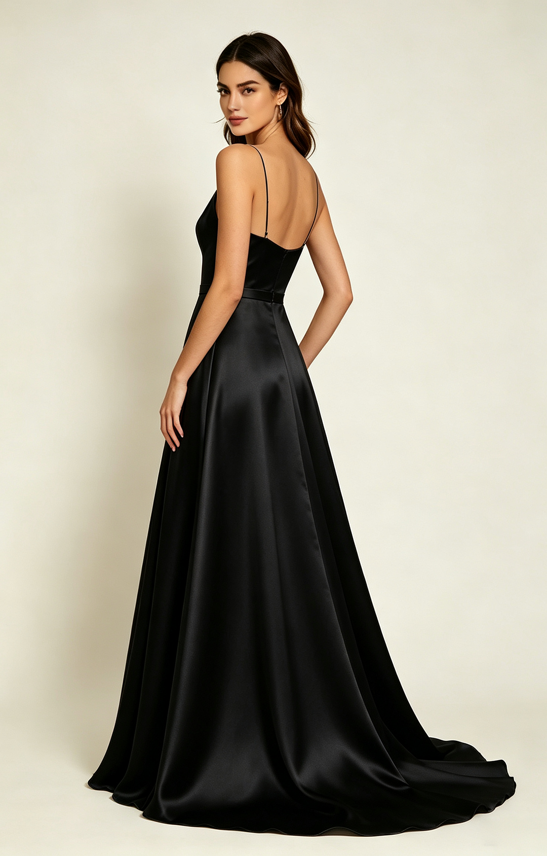 Spaghetti Spaghetti Strap V Neck Satin Bridesmaid Dress Back View