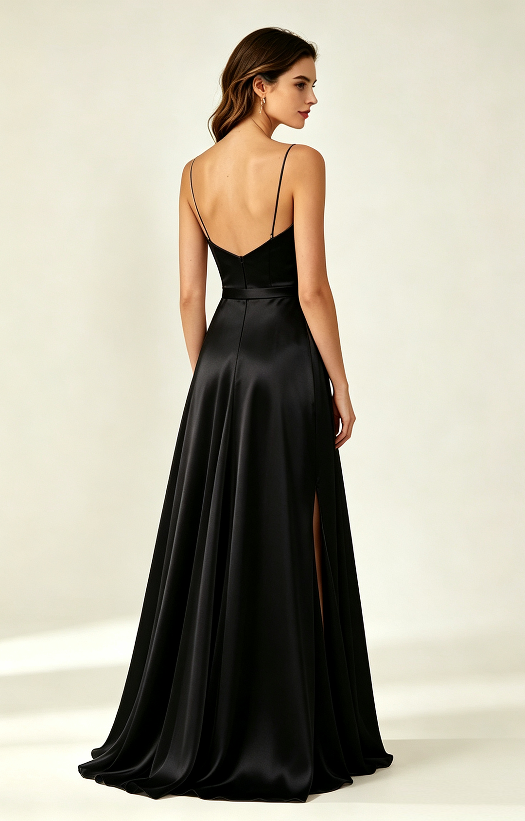 Spaghetti Spaghetti Strap V Neck Satin Bridesmaid Dress Side Back  View