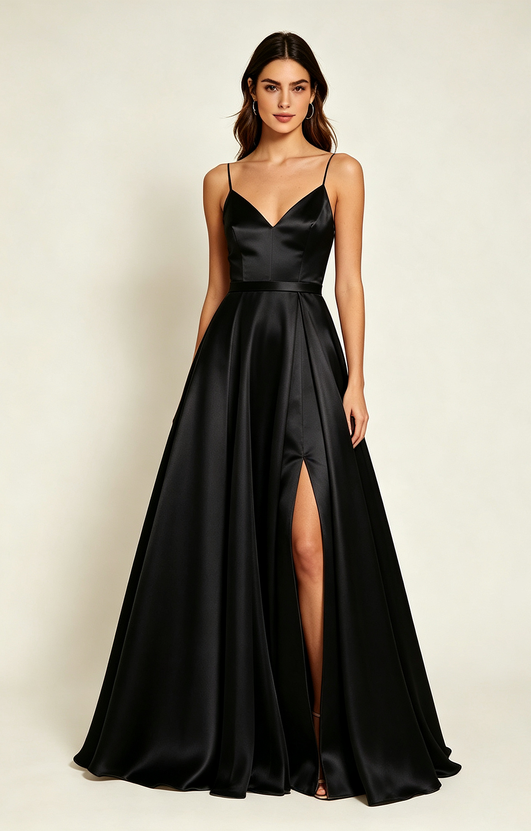 Spaghetti Spaghetti Strap V Neck Satin Bridesmaid Dress Front View