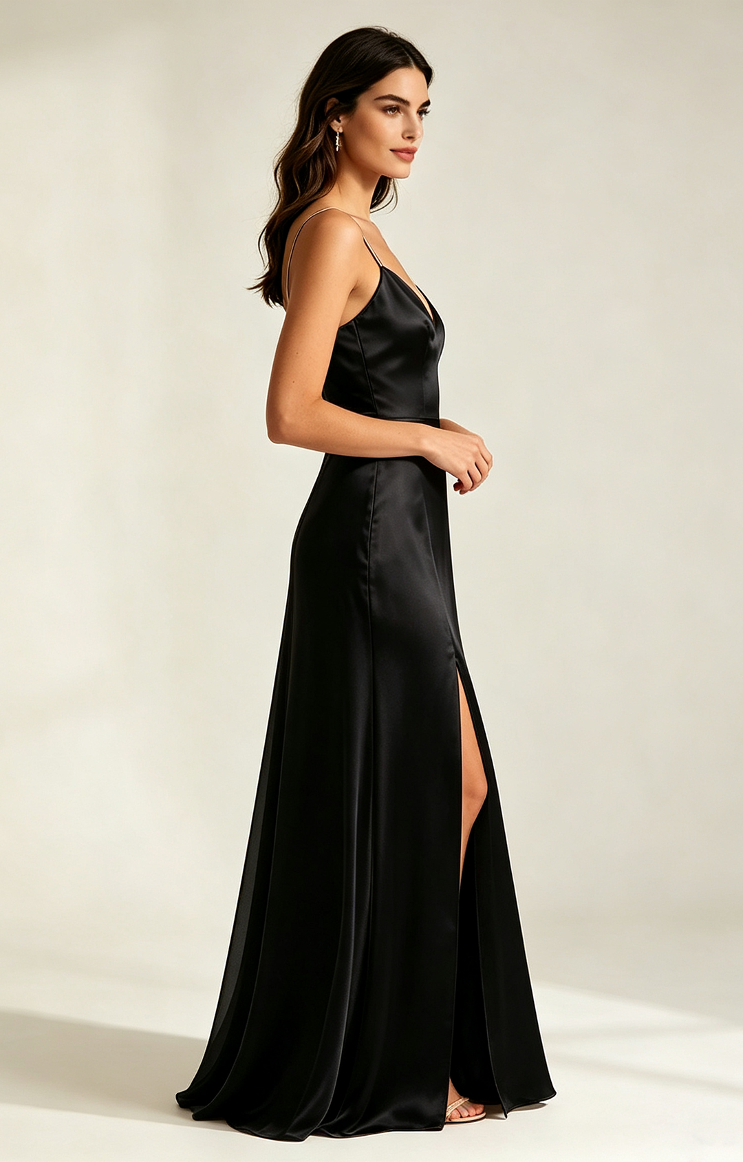 Spaghetti Spaghetti Strap V Neck Satin Bridesmaid Dress Side View