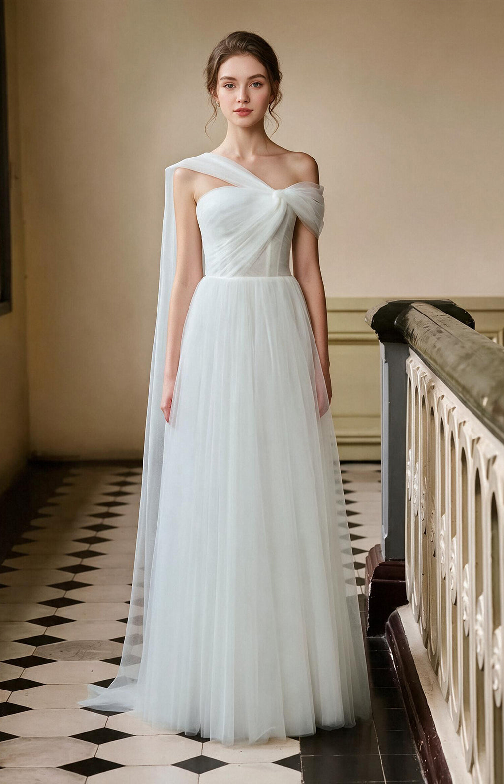 White Asymmetrical Off Shoulder Tulle Twist Bodice Floor Length A-Line Wedding Dress Front View