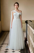 White Asymmetrical Off Shoulder Tulle Twist Bodice Floor Length A-Line Wedding Dress Front View
