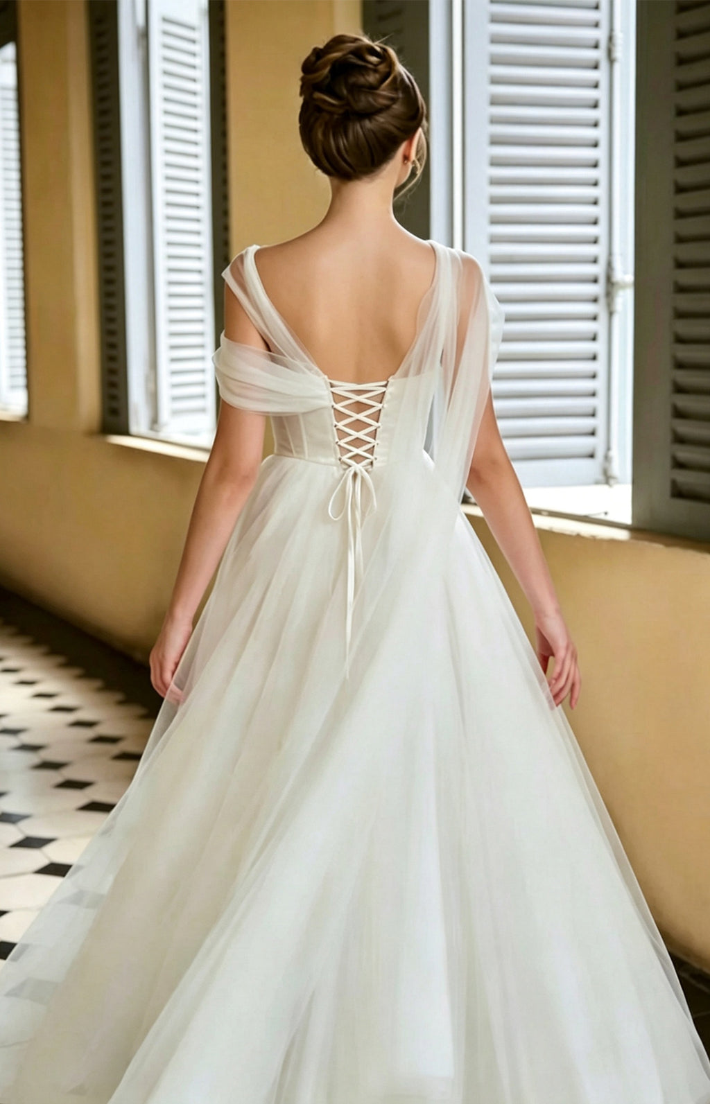 White Asymmetrical Off Shoulder Tulle Twist Bodice Floor Length A-Line Wedding Dress Back View