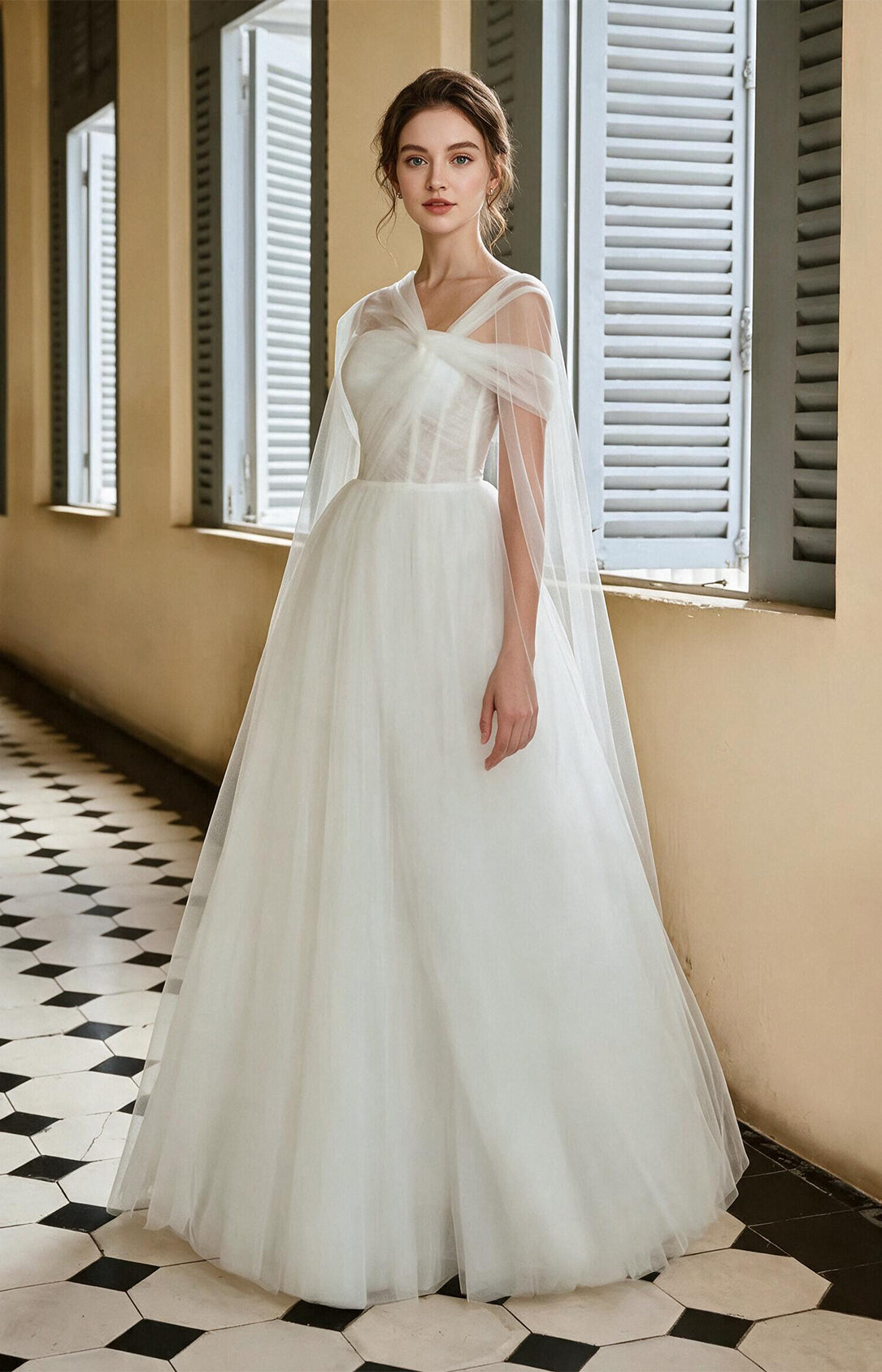 White Asymmetrical Off Shoulder Tulle Twist Bodice Floor Length A-Line Wedding Dress Side View