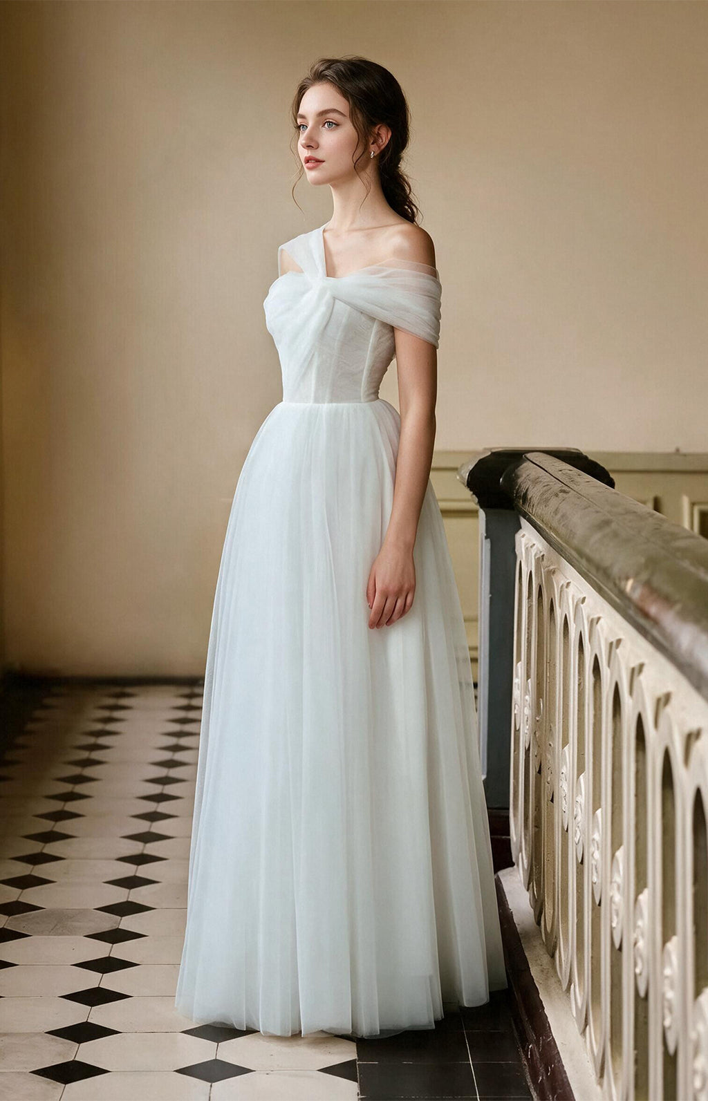 White Asymmetrical Off Shoulder Tulle Twist Bodice Floor Length A-Line Wedding Dress Side show View