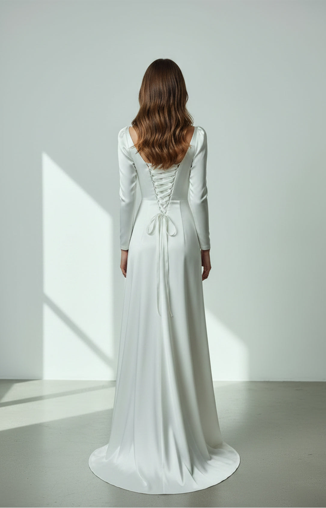 White Navy Blue Heavy Satin Long Sleeve Wedding Dress Back View