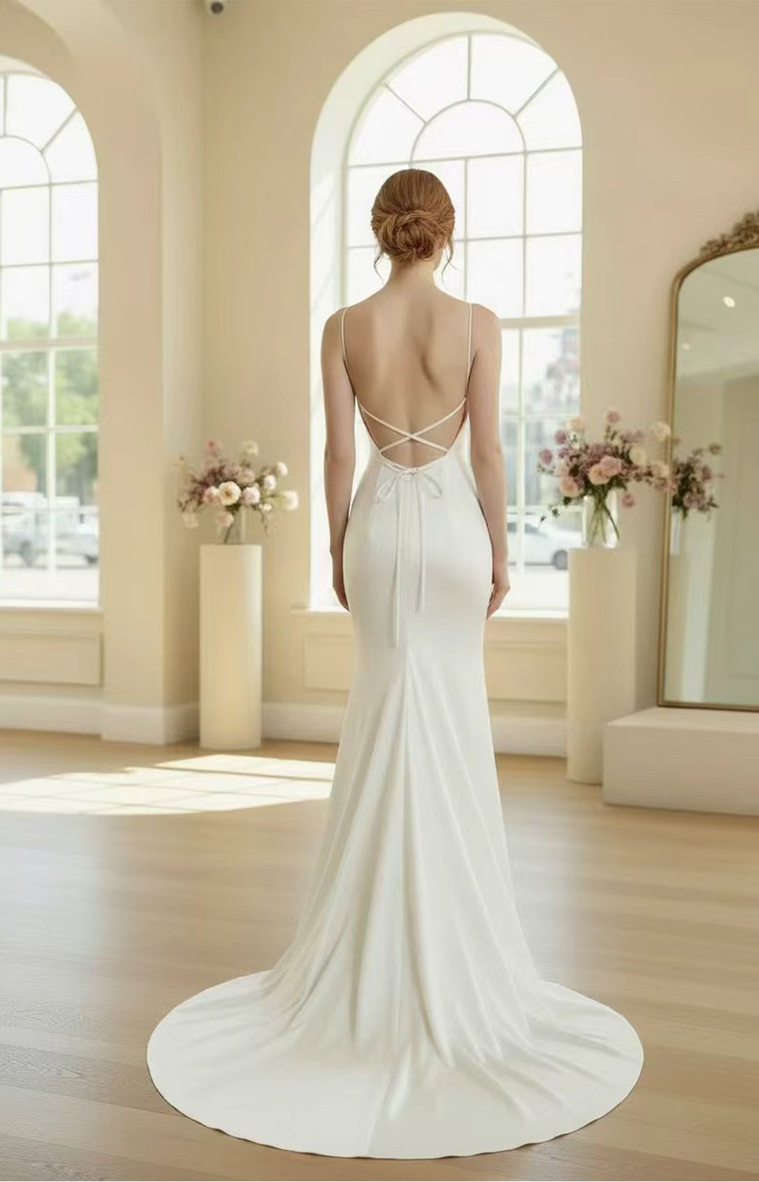 White Satin Mermaid Evening Gown Back View