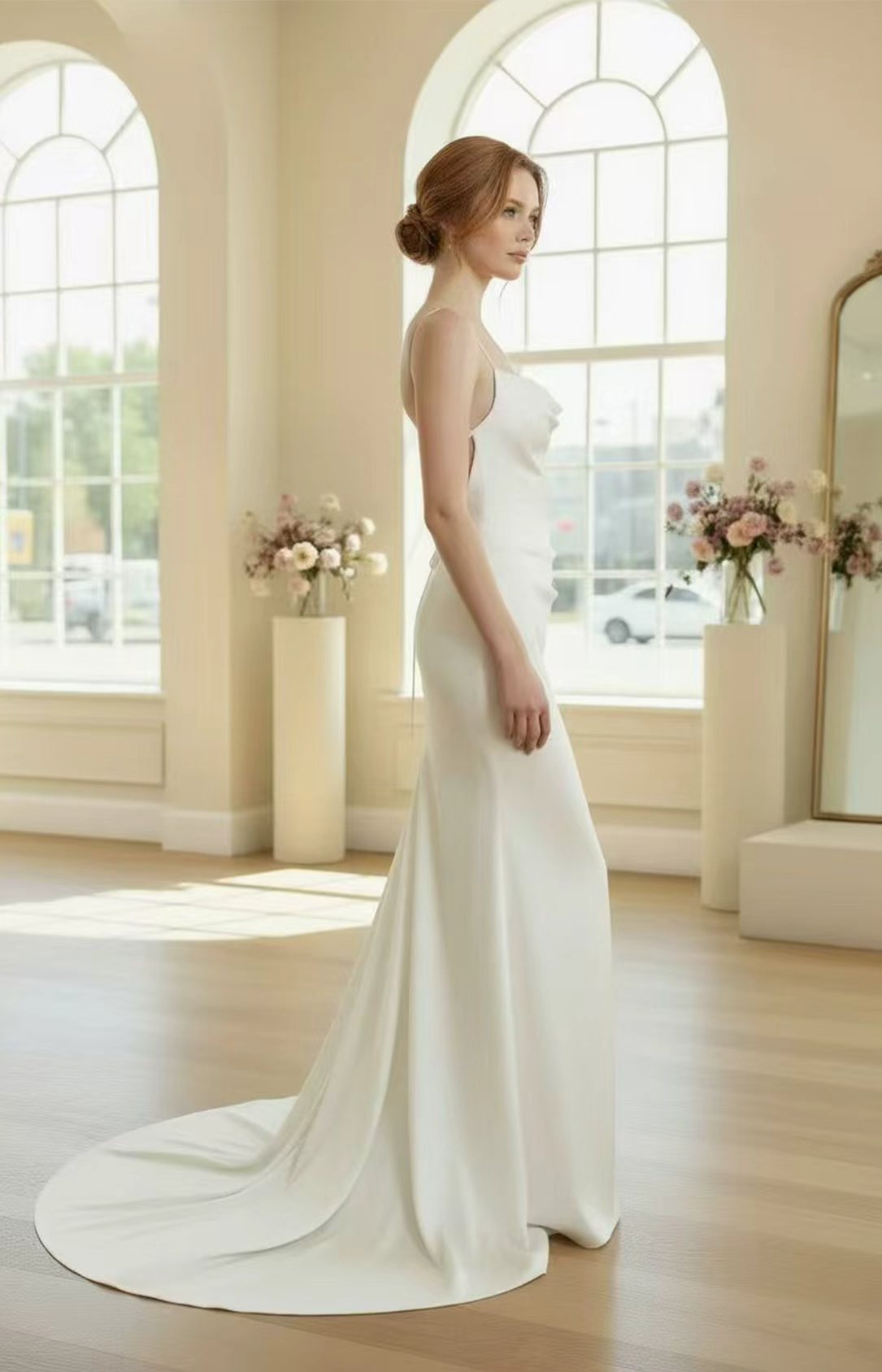 White Satin Mermaid Evening Gown Side 1 View