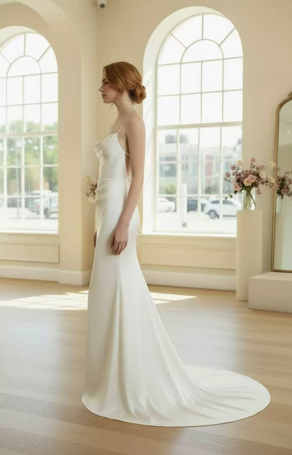 White Satin Mermaid Evening Gown Side View