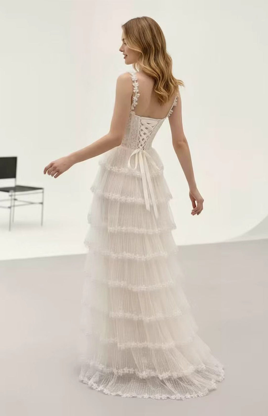 White Sparkle Tulle Tiered Cake Wedding Dress Back View