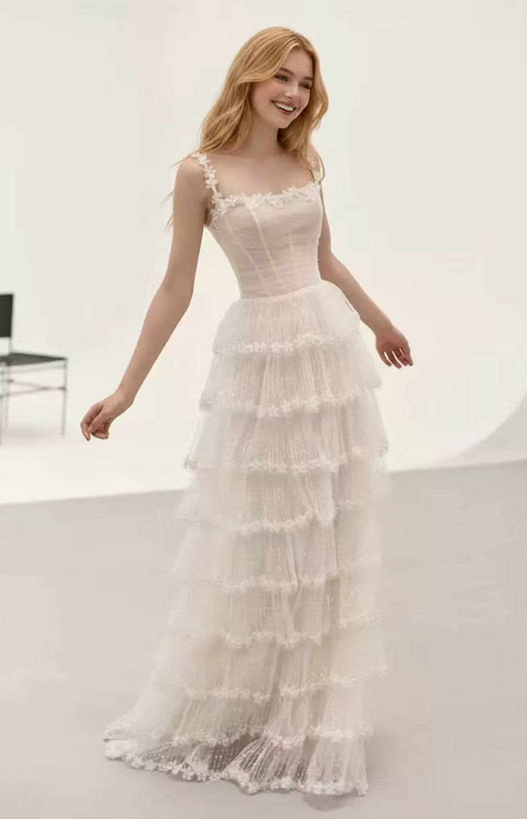 White Sparkle Tulle Tiered Cake Wedding Dress Front View