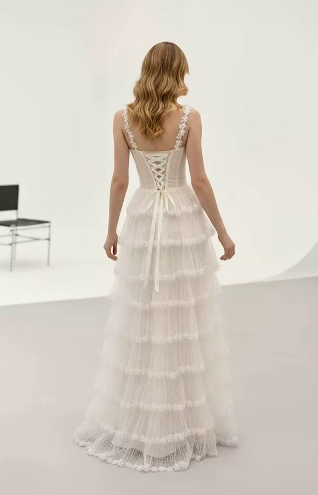 White Sparkle Tulle Tiered Cake Wedding Dress Side Back View
