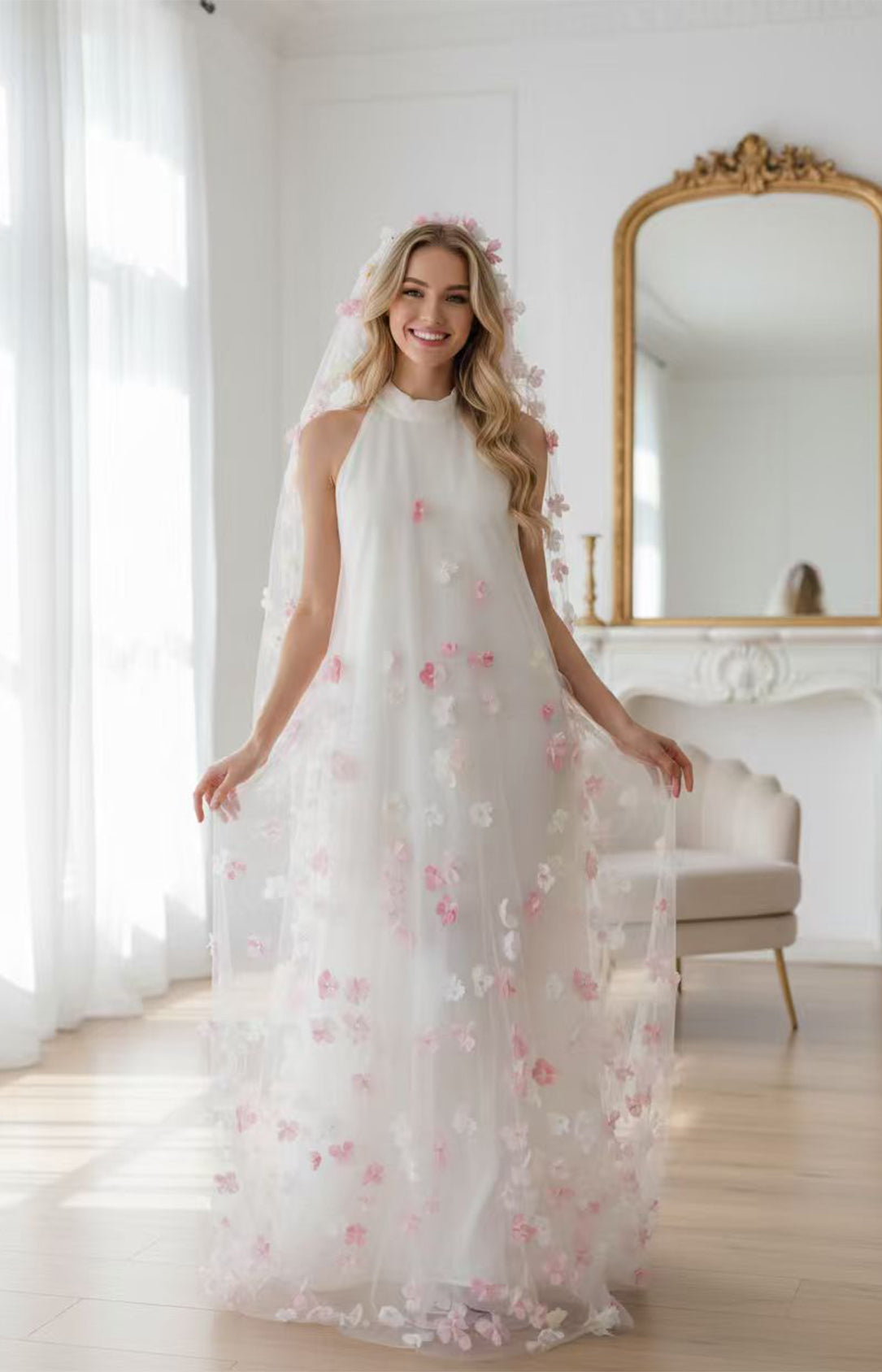 White and Pink Tulle 3D Floral Halter Prom Dress