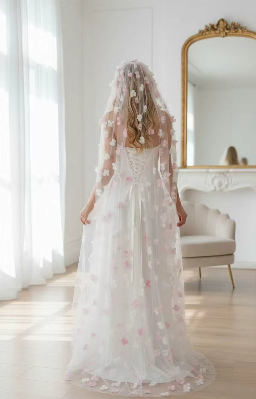 White and Pink Tulle 3D Floral Halter Prom Dress Back View