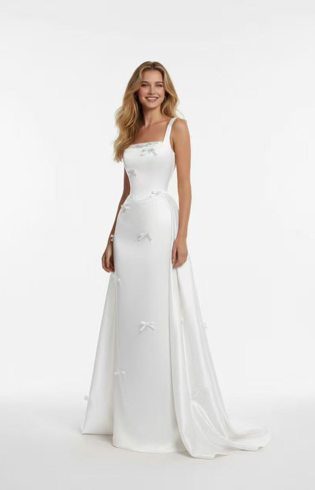 White satin square-neck long prom dress with 3D bows for plus-size women