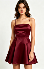 Square Neck Burgundy Satin Short Homecoming Skater Dress