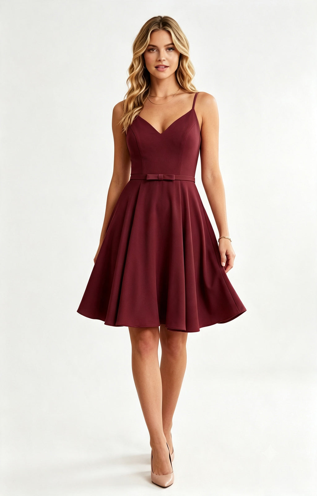 XALPHEOR Burgundy Spaghetti Strap V Neck Knee Length A‑Line Bridesmaid Dress with Bow Sash, Formal Short Cocktail Party Dress for Women Front View
